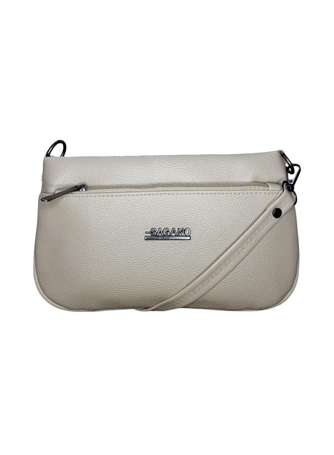 GLOSSY PU Leather Sling Bag | 4 Zip Compartments | Detachable Crossbody Strap | Purse for women | casual bag office bag. (Cream) - Image 1